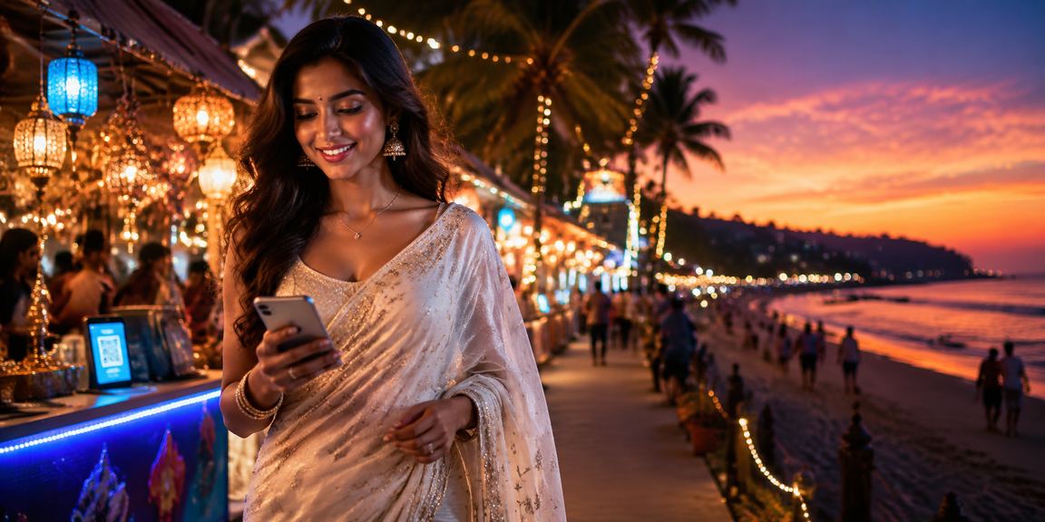 Mobile user on Goa beach concerned about payment security and privacy
